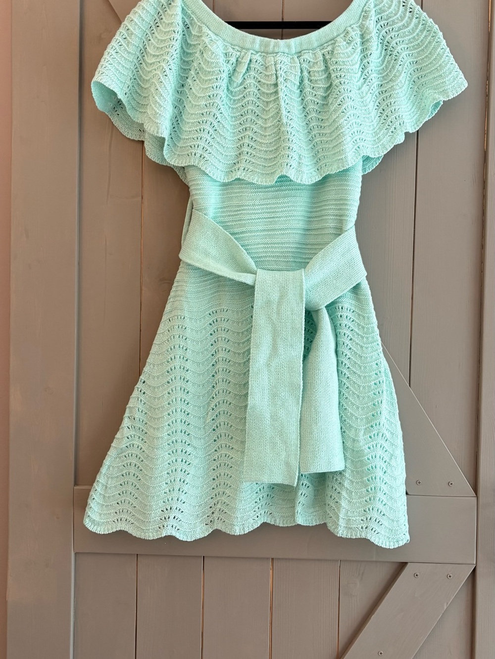 VENUS Mint Knit Off-Shoulder Ruffle Dress with Waist Tie